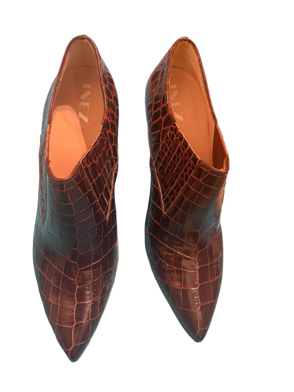 Inez Marisol 90 Cocoa Croco Booties 8.5 W Croc Embossed Leather Stiletto Spain - Picture 10 of 13